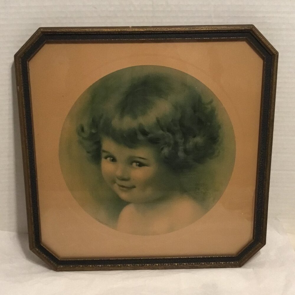 Vintage Bessie Pease Guttman print of little girl framed behind glass